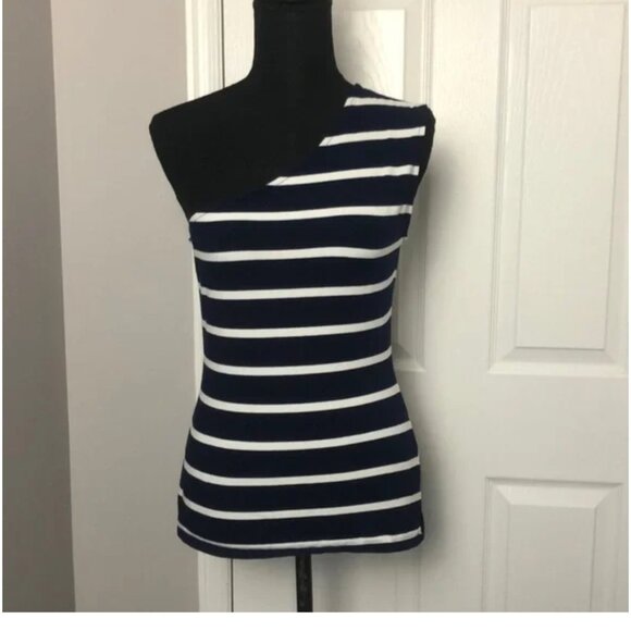 One shoulder tank top striped dark blue and white - SZ: S - Picture 1 of 4